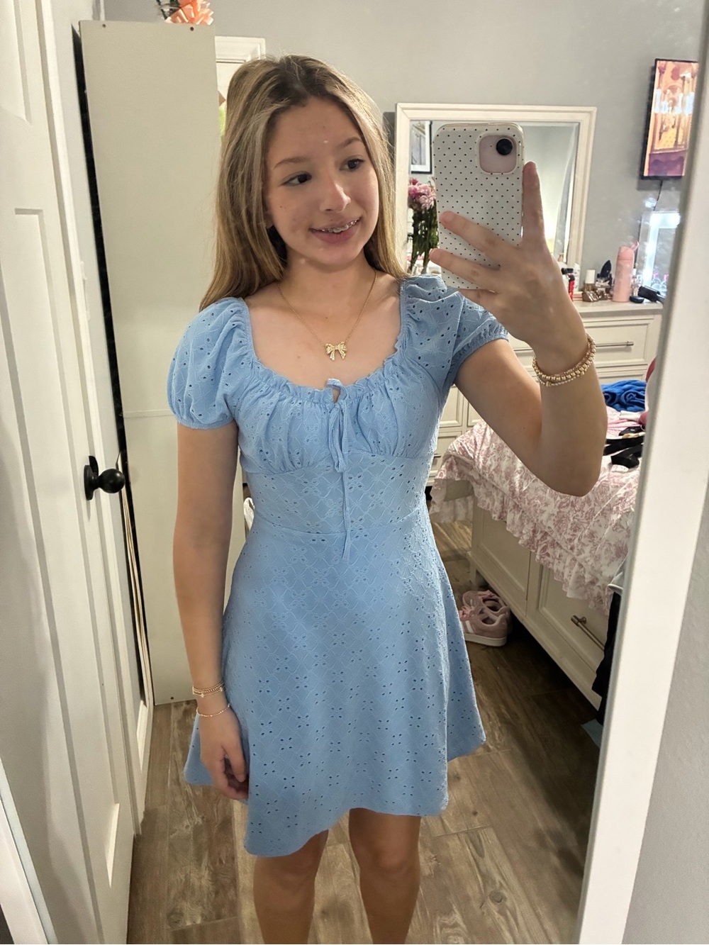 Rue21 Light Blue Eyelet Tie-Front Puff Sleeve Mini Dress
